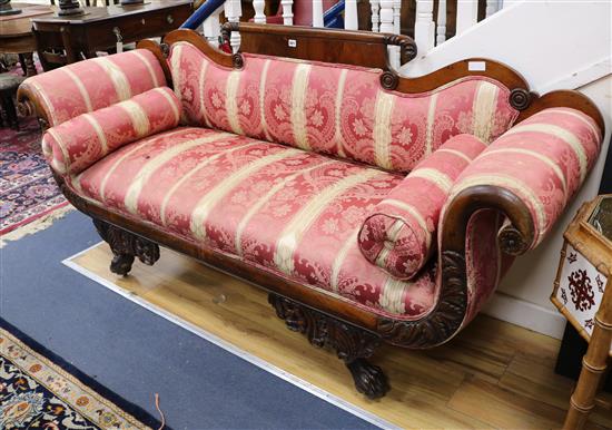 A William IV carved mahogany scroll end settee W.204cm